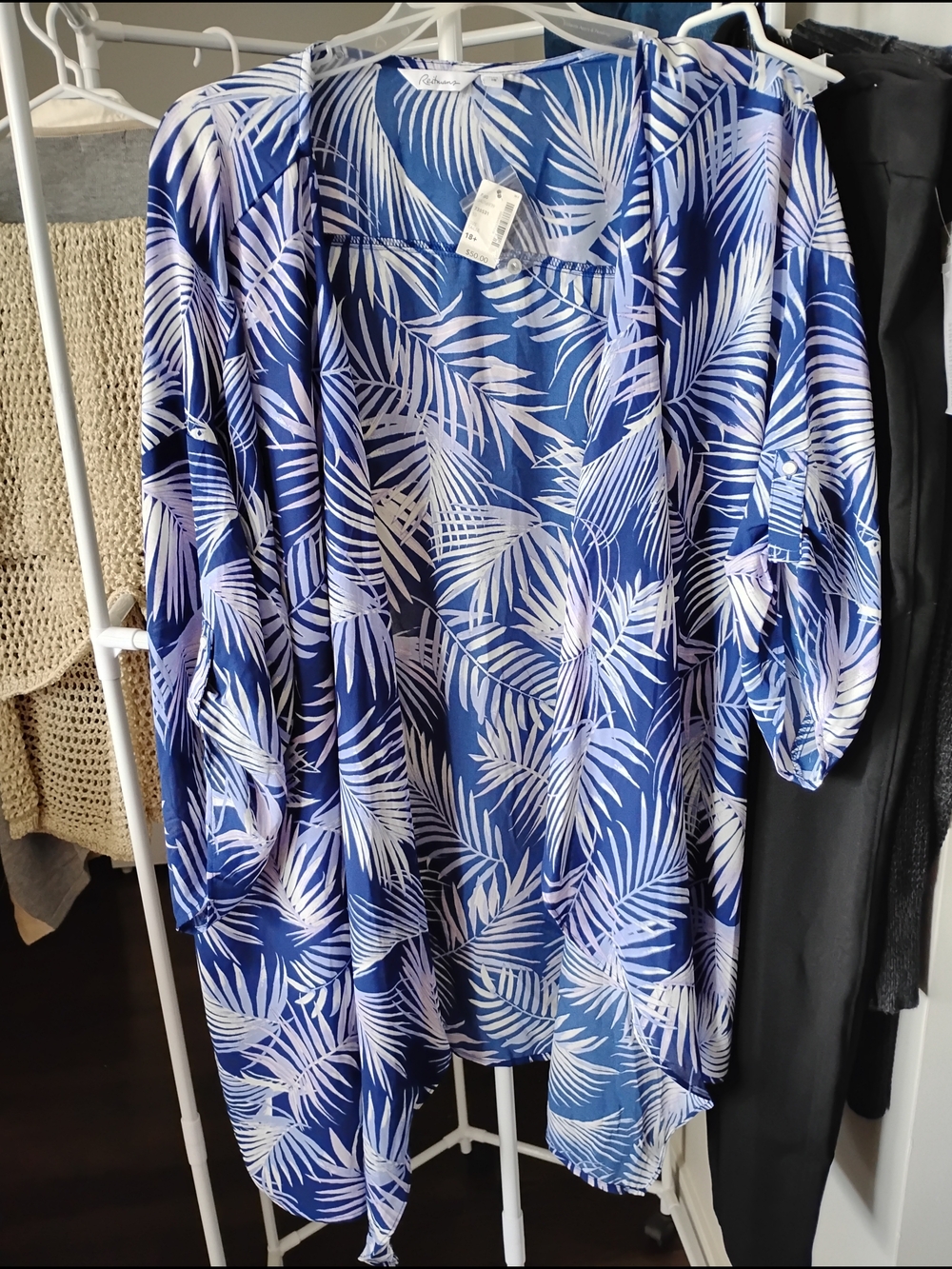 Reitman Blue/White Floral Palm-Print Women's Kimono 3/4 Sleeve With Button Tabs